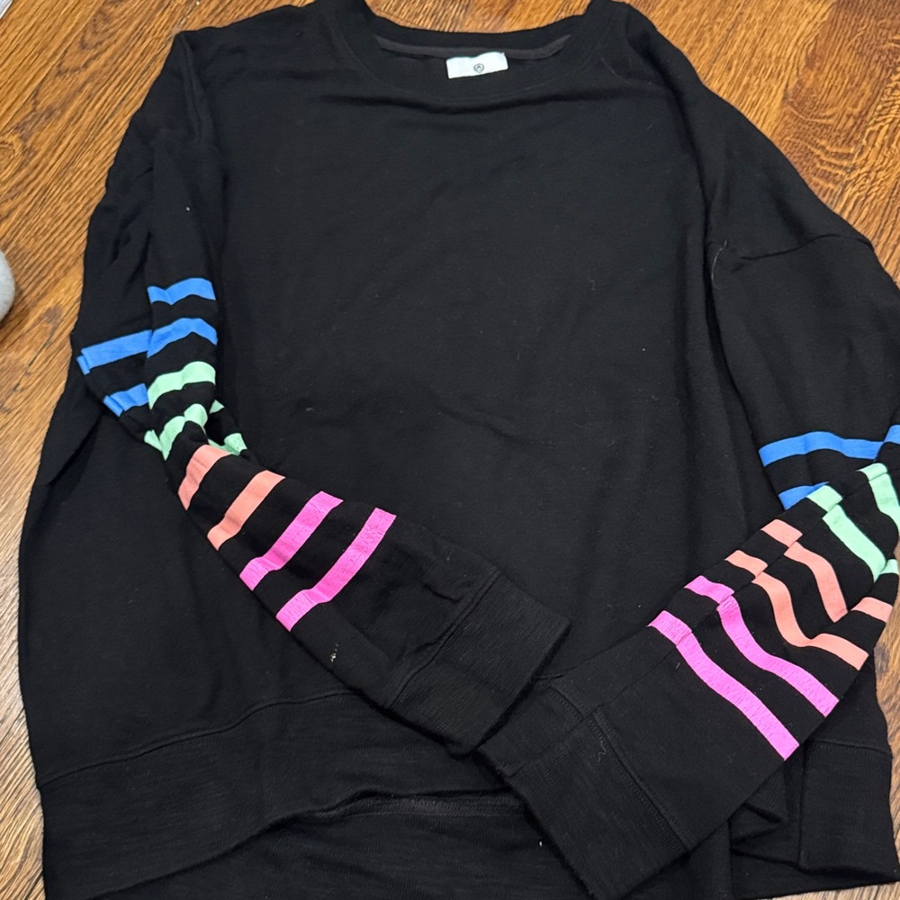 Sundry Black Sweatshirt/top with Colorful Striped Sleeves